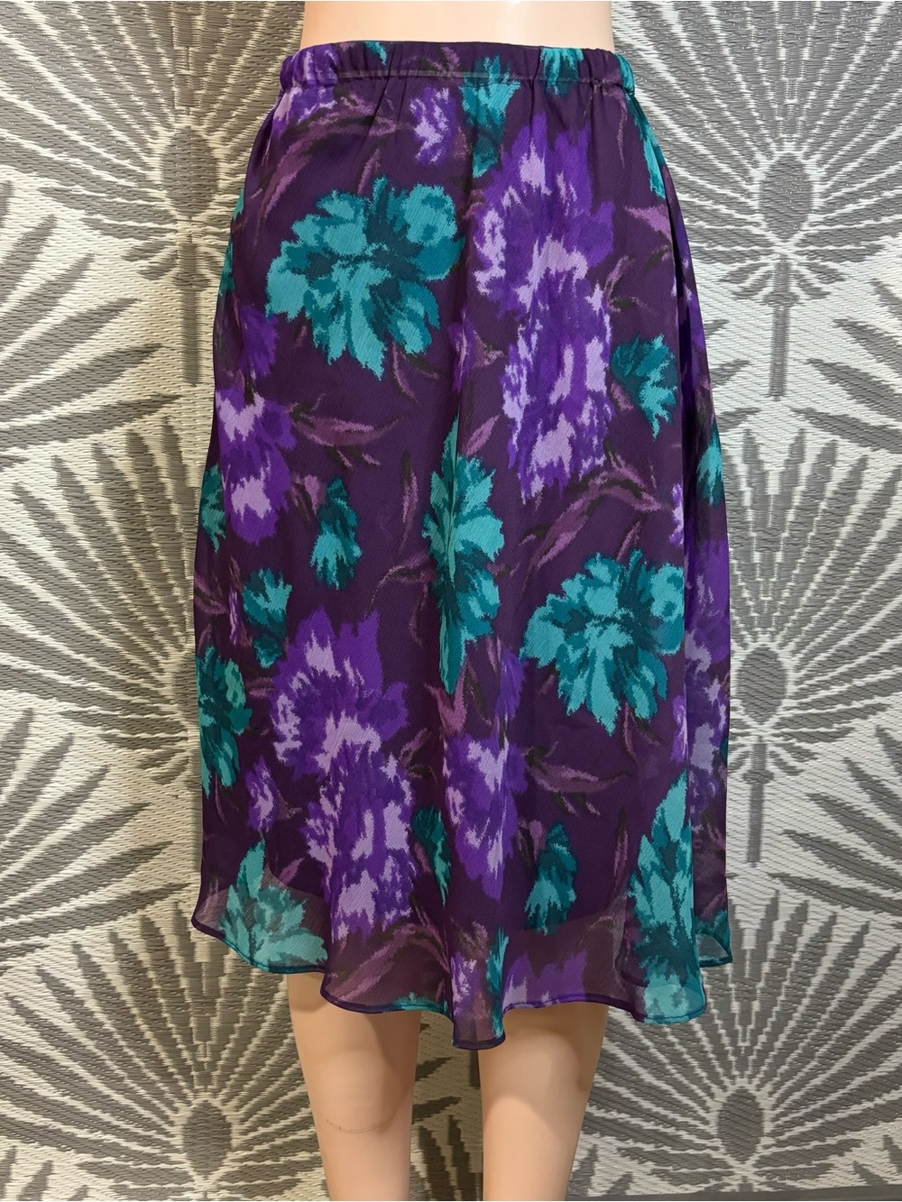 Vtg Purple Floral Skirt Sz 8 A Line Chiffon Elastic Waist 90e Grunge Whimsigoth